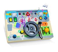 Toddlers Busy Board with Intelligent Sound, Montessori Wooden Educational Toys with Simulated Steering Wheel & LED Light Switches, Fidget Board Sensory Toy, Toys Gift for Boys and Girls 3+ year old