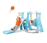 Toddlers Slide and Swing Set 4 in 1 Kids Freestanding Climber Slide Playset for Boys Girls with Basketball Hoop Extra Long Slide Easy Set Up Baby Playset (Blue)