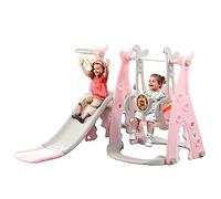 Toddlers Slide and Swing Set 4 in 1 Kids Freestanding Climber Slide Playset for Boys Girls with Basketball Hoop Extra Long Slide Easy Set Up Baby Playset (Pink)