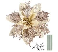 Toddmomy 12Pcs Christmas Decoration Flowers Glitter Artificial Poinsettia with Stems and Clips for Xmas Tree Wreath Garland Ornaments Gold