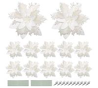 Toddmomy 12pcs Christmas Glitter Poinsettia Faux Wedding Flowers Simulation Decorative Artificial Flowers with Stems and Clips (White)
