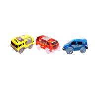 Toddmomy 3pcs Track Car with Flashing LED Lights Electric Dark Racing Vehicles for Safe Construction Includes Yellow Engineering Truck Blue Police Car Red Bus