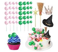 Toddmomy 44pcs Wicked Cake Topper, Glitter Pink Green Balls Witch Hats Pick, Magic Wizard Theme Birthday Party Decorations, Crown Broom Star Wand Insert for Halloween Baby Shower Wedding Diy