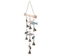 Toddmomy Mediterranean Coastal Double-sided Wooden Fish Wind Chime with Vintage Metal Bells Outdoor Beach Themed Decor for Home Patio Balcony and Coastal Welcome Wall Hanging