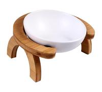 Toddmomy Pet Feeding Bowl Set with Ceramic Bowls and Wooden Raised Bracket, Anti-skid Design for Easy Cleaning and Comfortable Swallowing, for Home Use with Cats and Dogs