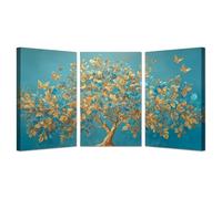 TODOAA 3 Piece Winter Christmas Vintage Painting Golden Blue Tree Mural Farmhouse Holiday Decor Print -Country Wall Art- for Bedroom Living Room Home Decor(Gold)-50x70cmx3 Framed