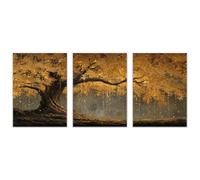 TODOAA 3 Piece Winter Christmas Vintage Painting Golden Leaf Tree Painting Farmhouse Holiday Decor Print -Country Wall Art- for Bedroom Living Room Home Decor(Gold)-50x70cmx3 Unframed