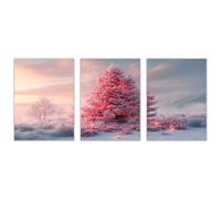 TODOAA 3 Piece Winter Landscape Painting Modern Wall Decor Christmas Tree At Night Vintage Print Poster Snow Art Minimal Gift for Men & Women Living Room Bathroom(Pink)-20x30cmx3 Unframed
