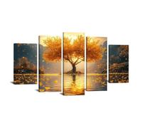 TODOAA 5 Piece Tree of Life Landscape Abstract Canvas Wall Art Autumn Trees In The Lake Modern Poster for Living Room Paintings scenery Canvas Prints Artwork(Golden)-50x100cm Framed