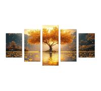 TODOAA 5 Piece Tree of Life Landscape Abstract Canvas Wall Art Autumn Trees In The Lake Modern Poster for Living Room Paintings scenery Canvas Prints Artwork(Golden)-100x200cm Unframed