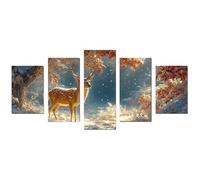 TODOAA 5 Piece Winter Canvas Wall Art Landscape Painting Forest Winter Tree Deer Nature Snowy Wall Pictures Print -for Bedroom Living Room Office Home Decor(orange)-75x150cm Unframed
