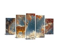 TODOAA 5 Piece Winter Canvas Wall Art Landscape Painting Forest Winter Tree Deer Nature Snowy Wall Pictures Print -for Bedroom Living Room Office Home Decor(orange)-100x200cm Framed