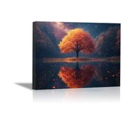 TODOAA Forest Landscape Abstract Canvas Wall Art Lake Trees At Night Modern for Living Room Colorful of Oil Paintings Landscape Canvas Prints Tree Artwork(Orange 7)-20x30cm Framed