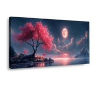 TODOAA Forest Landscape Canvas Abstract Wall Art Night Moon Tree Artwork Home Paintings & Prints Artwork- Winter Modern Decorations for Bedroom Office Kitchen(Pink 5)-30x60cm Framed