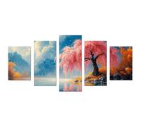 TODOAA Set of 5 Tree of Life Canvas Wall Art Decor Natural Mountain Trees Watercolor Scenery Picture Poster Paintings for Bathroom Living Room Kitchen Home Decorations(pink)-75x150cm Unframed