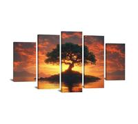 TODOAA Set of 5 Tree of Life Canvas Wall Art Painting Lakeside Tree Scenery Art Poster Abstract Canvas Print ,Home Office Wall Decor Living Room Bedroom Decoration(orange)-75x150cm Framed