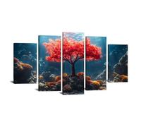 TODOAA Set of 5 Tree of Life Canvas Wall Art Painting Ocean Tree Plant Mural Poster Abstract Canvas Print ,Home Office Wall Decor Living Room Bedroom Decoration(red)-50x100cm Framed