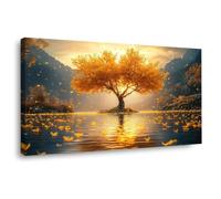 TODOAA Tree of Life Landscape Abstract Canvas Wall Art Autumn Trees In The Lake Modern Poster for Living Room Paintings scenery Canvas Prints Artwork(Golden)-50x100cm Framed