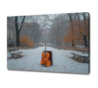 TODOAA Winter Scenes Pictures Retro Winter Guitar Landscape Canvas Print Wall Art Mountain Forest Landscape Nature Rustic Scenic for Living Room, Bedroom, Office(white)-50x70cm Framed