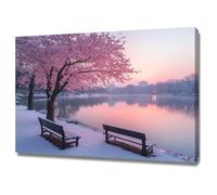 TODOAA Winter Scenes Pictures Winter lakeside trees scenery Canvas Print Wall Art Mountain Forest Landscape Nature Rustic Scenic for Living Room, Bedroom, Office(Pink 13)-50x70cm Framed