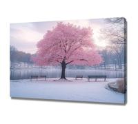 TODOAA Winter Scenes Pictures Winter lakeside trees scenery Canvas Print Wall Art Mountain Forest Landscape Nature Rustic Scenic for Living Room, Bedroom, Office(Pink)-30x40cm Framed