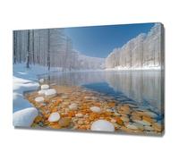 TODOAA Winter Scenes Pictures Winter lakeside trees scenery Canvas Print Wall Art Mountain Forest Landscape Nature Rustic Scenic for Living Room, Bedroom, Office(blue)-30x40cm Framed