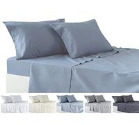 Todocama 4-Piece Bedding Set - Fitted Sheet - Top Sheet - Two Pillowcases 50 x 80 cm (Bed 150-150 x 190/200 cm, Grey Blue)