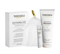 TODOKU Japan Deep Moist Honey Face Wash - 110g + 10g Travel Size & Rich Bubble Face Wash Whip Maker Soap Net (1, GOLD)