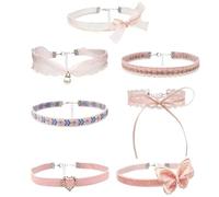Todu 7 Pcs Pink Choker Necklace Lace Bow Flower Love Heart Butterfly Velvet Pendant Necklaces Set Cute For Women Fashion Jewelry Gift, 7 PCS, Metal, No Gemstone