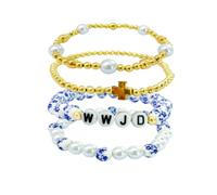 Todu Cross WWJD Bracelets What Would Jesus Do Imitation Pearl Porcelain Beaded Bracelet Vintage Inspirational Religious Faith Christian Jewelry for Women, Elastic, no gemstone
