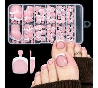 Toe Press on Set, 120 Pieces with French Looks in Box, 09color | Pre-Glued Glossy False Toenails with 10 Mixed Color and French Pedicure Looks in Storage Box for Everyday