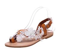 Toe Separator Women's Elegant Flip Flop Toe Ring Slippers Slingback Slides with Flowers Slippers Bohemia Beach Shoes Summer Sandals Elegant Flat Shoes Comfortable Casual Shoes for Beach, White, 6 UK