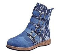 Toe Women's Round Middle Print Booties Shoes Flowers Keep Warm Zip Embroidery Retro Flat Women's Boots Women's Width H, blue, 9 UK