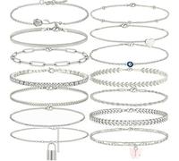 TOEECY 14 Pcs Anklets for Women Gold Plated Adjustable Anklet with Crystal Cubic Zirconia Chain Summer Silver Ankle Bracelets Anklets Set Beach Boho Foot Jewelry Silver