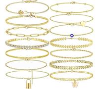 TOEECY 14 Piece Assorted Anklet Collection Featuring Rose Flower Heart Butterfly Charm Chain Link Layered Ankle Bracelets Women Jewelry Set