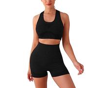 TOEECY 2 Pcs Gym Sets For Women Tracksuit with Padded Sport Bra Full Set Crop Tank High Waist Outfits Workout Yoga Shorts Leggings Gym Clothes Athletic Fitness Sportswear (Black,L/XL)