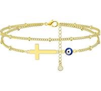 TOEECY Ankle Bracelets for Women Gold Plated Cross Evil Eye Bracelet with Colorful Bead Pendant Double Layed Adjustable Foot Chain Silver Anklets Beach Boho Jewelry A Gold