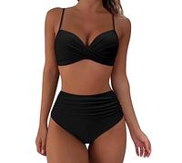 TOEECY Bikini Set for Women Ruched High Waisted V Neck Push Up Padded Two Pieces Bathing Suits Swimsuits (Black,S)