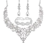 TOEECY Bridal Wedding Jewellery Set Crystal Teardrop Cluster Necklace Dangle Earrings and Bracelet with Sparkling Rhinestone Jewellery Set for Bride Bridesmaid Costume Prom (White)