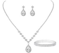 TOEECY Bridal Wedding Jewellery Set for Women Rhinestone Crystal Necklace Bracelet and Teardrop Dangle Earrings Set Gifts for Women Bridesmaid Costume Dress Wedding (#8)
