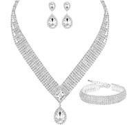 TOEECY Bridal Wedding Jewellery Set for Women Rhinestone Crystal Necklace Bracelet and Teardrop Dangle Earrings Set Gifts for Women Bridesmaid Costume Dress Wedding (Silver)