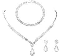 TOEECY Bridal Wedding Jewellery Set Silver Rhinestone Necklaces Bracelet and Earrings Set Sparkly Crystal Dangle Drop Earrings Pearl Jewellery Set for Bridal Bridesmaid Party