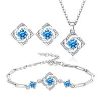 TOEECY Four Leaf Clover Jewellery Set For Women Good Luck Pendant Necklace Bracelet Stud Earrings Sets With Cubic Zirconia Clover Jewellery Sets Gift Blue