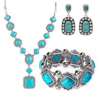 TOEECY Geometric Turquoise Jewelry Collection Vintage Southwest Statement Necklace Bracelet Earrings Set Bohemian Tribal Western Accessories