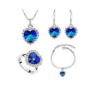 TOEECY Heart Jewellery Sets for Women Girls Heart Crystal Pendant Necklace Bracelet Earrings and Adjustable Rings Set Cubic Zirconia Gift for Wedding Bridal Bridesmaid Prom (Royal Blue)