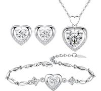 TOEECY Heart Jewellery Sets for Women Girls Heart Crystal Pendant Necklace Bracelet Stud Earrings Set Cubic Zirconia Gift for Wedding Bridal Bridesmaid Prom (White)