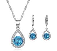 TOEECY Jewellery Set for Women Crystal Pendant Necklace Earring Set 925 Silver Cubic Zirconia Jewellery Set Gift for Wedding Bridal Bridesmaid (Blue)