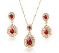 TOEECY Jewellery Set for Women Crystal Pendant Necklace Earring Set Golden Jewellery Set Gift for Wedding Bridal Bridesmaid (Red)