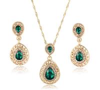 TOEECY Jewellery Set for Women Crystal Pendant Necklace Earring Set Golden Jewellery Set Gift for Wedding Bridal Bridesmaid (Green)