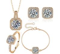 TOEECY Jewellery Set for Women Cubic Zirconia Necklace Bracelet Earrings and Ring Set Gifts for Wedding Costume Dress Prom (Gold)